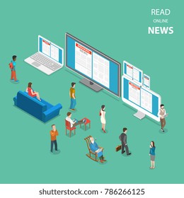 Online News Flat Isometric Vector Concept. People Are Reading Live News Using All Most Popular Kinds Of Devices For Access To Internet.