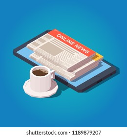 Online News Icon Concept. Smartphone With Cup Of Coffe And Stack Of Newspapers. Isometric Vector Illustration.