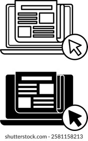 Online News Icons. Black and White Vector Icons. Laptop, Newspaper, and Computer Mouse Cursor. Journalism Concept