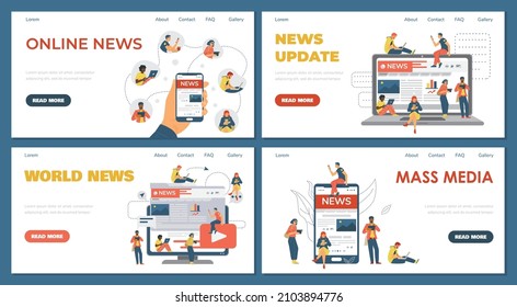 Online news and internet mass media website banners bundle with people getting information online, flat cartoon vector illustration. Digital newspaper and news source.