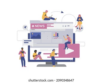 Banner de noticias en línea y medios de internet con gente revisando actualizaciones de noticias e información de lectura, ilustración vectorial de caricatura plana aislada de fondo blanco.