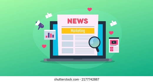 Online News, Journal, Digital Press Release, Sharing News On Social Media, Online News Channel - Flat Design Vector Illustration With Icon On Isolated Background