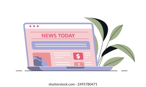 Noticias en línea en la computadora portátil. Periódico en la computadora portátil. Medios de comunicación y periodismo. Información comercial y boletín informativo. Sitio web con las noticias diarias del mundo. Ilustración vectorial plana