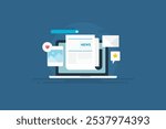 Online news magazine, Article, journal publication on web, editorial content development, Sharing news feed on social media - vector illustration with icons