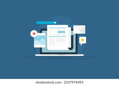 Revista de noticias en línea, Artículo, publicación de revista sobre Web, desarrollo de contenido editorial, Compartir noticias en redes sociales - Ilustración vectorial con íconos