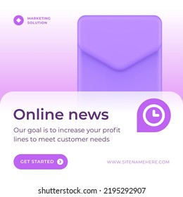 Online news marketing promo mailing list automation electronic mail message communication social media post 3d icon vector illustration. Newsletter send receive notification mailbox digital technology