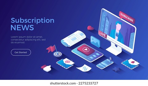 Online news and media news sources, Breaking news, Newsletter subscription, update. Website with broadcaster on the monitor. Isometric landing page. Vector web banner.	
