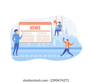 Online news mobile app. Tiny people read live publication and articles in newspaper, newsletter information and blog post via phone. flat vector modern illustration 
