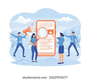 Online news mobile app. Tiny people read live publication and articles in newspaper. flat vector modern illustration 