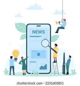 Online news mobile app vector illustration. Cartoon tiny people read live publication and articles in newspaper, newsletter information and blog post via phone, holding magnifying glass and light bulb