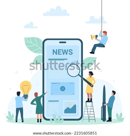 Online news mobile app vector illustration. Cartoon tiny people read live publication and articles in newspaper, newsletter information and blog post via phone, holding magnifying glass and light bulb