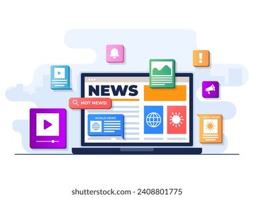 Online news mobile application flat illustration vector template, Online news article, News webpage, Online mass media on laptop screen, Internet newsletter