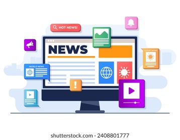 Online news mobile application flat illustration vector template, Online news article, News webpage, Online mass media on computer screen, Internet newsletter