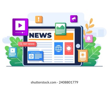 Online news mobile application flat illustration vector template, Online news article, News webpage, Online mass media on tablet screen, Internet newsletter