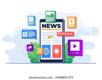 Online news mobile application flat illustration vector template, Online news article, News webpage, Online mass media on smartphone screen, Internet newsletter