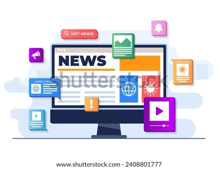 Online news mobile application flat illustration vector template, Online news article, News webpage, Online mass media on computer screen, Internet newsletter