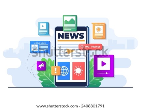 Online news mobile application flat illustration vector template, Online news article, News webpage, Online mass media on smartphone screen, Internet newsletter