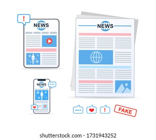 Online news, newspaper, news website. News article. Vector icons.