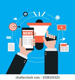 Online news, newspaper, news website flat vector illustration. News update, digital content, internet newspaper, news article for web banner and apps