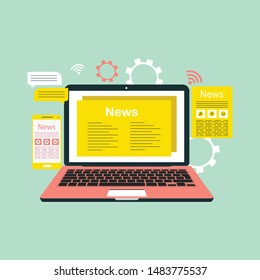 Online News, Newspaper, News Website Flat Vector Illustration. News Update, Digital Content, Internet Newspaper, News Article For Web Banner And Apps