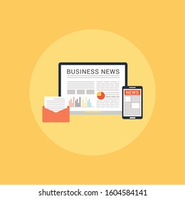 Online news, newspaper, news website flat vector illustration. News update, digital content, internet newspaper, news article for web banner and apps