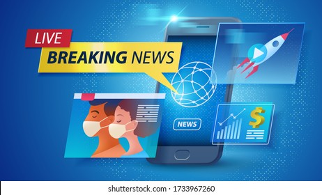 Online news on smart devices concept. Watching Breaking news and updates LIVE anytime anywhere using a smartphone. Flat design of smartphone usability. Vector illustration.