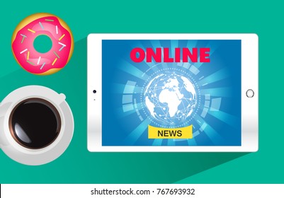 Online news on tablet vector illustration. Business breakfast table top view.