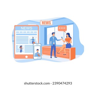 Online news.  People reading print newspaper, using online news portal or website to know the latest news across the globe. flat vector modern illustration 