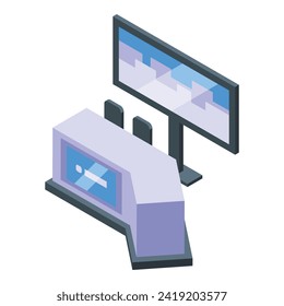 Online news production icon isometric vector. Female persona. Cred media host