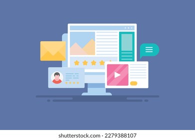 Online news publication, blogging concept, digital journal, Website content, Video content - flat design vector illustration with icons