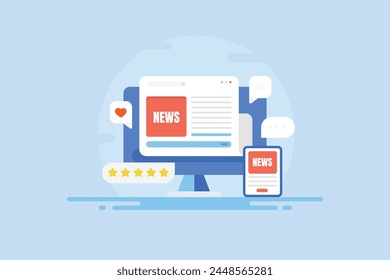 Online news publication, Online press release, Digital media, News portal website, News feed on mobile and computer screen, publishing article and journal - vector illustration banner with icons