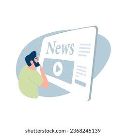 Online News Reading concept. Man Staying Informed Across Online News Page. Reading daily news on a digital website. Vector illustration isolated on white background