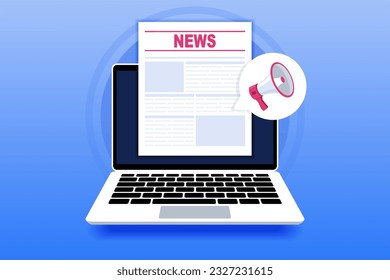 Online news. Online reading news. News website on laptop screen. Laptop with newspaper. News webpage, information about events, activities. Vector Illustrations