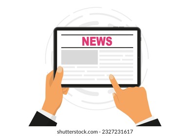 Online news. Online reading news. News website on tablet screen. Tablet with newspaper. News webpage, information about events, activities. Vector Illustrations