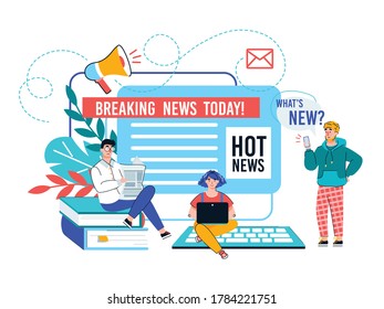 Online news update and breaking news banner with tiny people at laptop, flat cartoon vector illustration. Announcements and promotion internet social network.