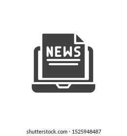 Online news vector icon. Computer newsletter filled flat sign for mobile concept and web design. Laptop with news glyph icon. Symbol, logo illustration. Vector graphics