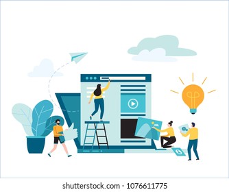 online news vector illustration.
small people working decorated laptop.
social networks. virtual communication.
construction web site. concept.
flat cartoon design for background banner