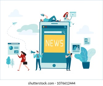 online news vector illustration.
social networks. virtual communication.
information search concept.
small people flat cartoon character design for web banner background