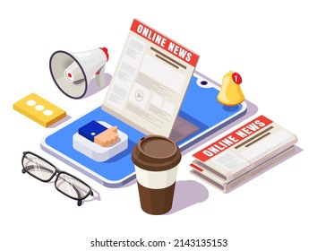 Online news vector. Reading latest or hot article by phone app smart service and newspaper. Isometric design