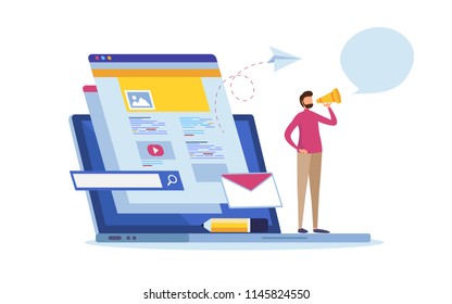 Online news, Web page information, Social media. Multimedia communication. Update content. Cartoon miniature  illustration vector graphic on white background.
