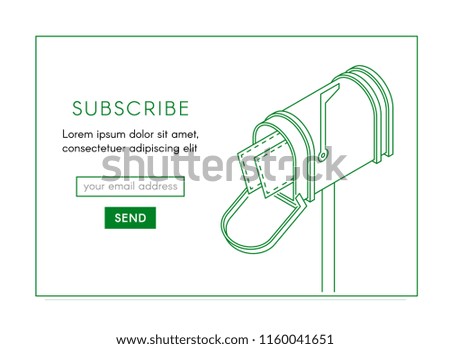 Online newsletter template. Email subscribe form, submit button and open isometric mailbox with envelopes. Illustration in outline style