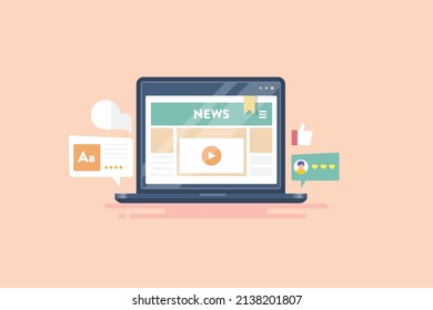 Online Newspaper, News Website, News Portal On Laptop Screen - Flat Design Vector Illustration With Icons