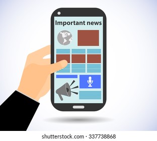 Online Newspaper. Smartphone in hand. Important news. Tablet PC. 