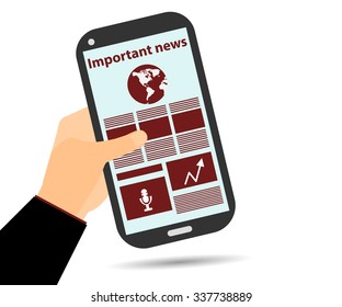 Online Newspaper. Smartphone in hand. Important news. Tablet PC. 