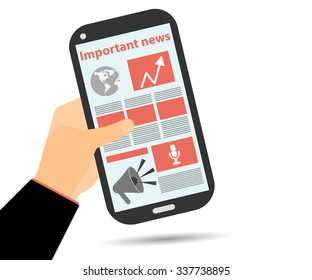Online Newspaper. Smartphone in hand. Important news. Tablet PC. 