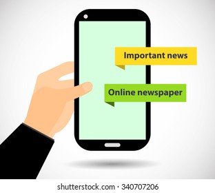 Online Newspaper. Smartphone in hand. Important news. Tablet PC. 