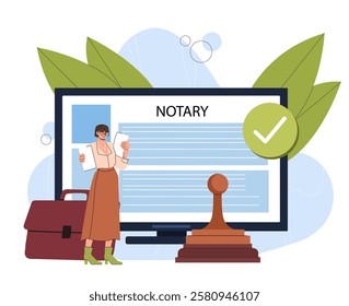 Online notary woman. Young girl near stamp and briefcase. Legal support of deals. Advice and consultation from lawyer. Justice and jurisprudence. Flat vector illustration