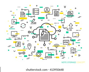 Ilustração vetorial de armazenamento de notas on-line em fundo colorido. Design gráfico de tecnologia de nuvem web. Conceito criativo de armazenamento de arquivos. Conceito linear de armazenamento de dados na Internet.