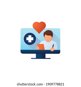 Online Nursing Flat Icon. Telehealth Medical Care. Virtual Nurse Assistance, Consultation. Telemedicine, Health Care Concept. Online Medical Examinations. Color Vector Illustration With Shadow