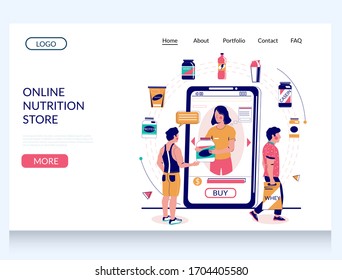 Online Nutrition Store Vector Website Template, Landing Page Design For Website And Mobile Site Development. People Buying Whey Protein, Casein, Creatine, Bcaa, Shakers In Gym Supplements Online Store